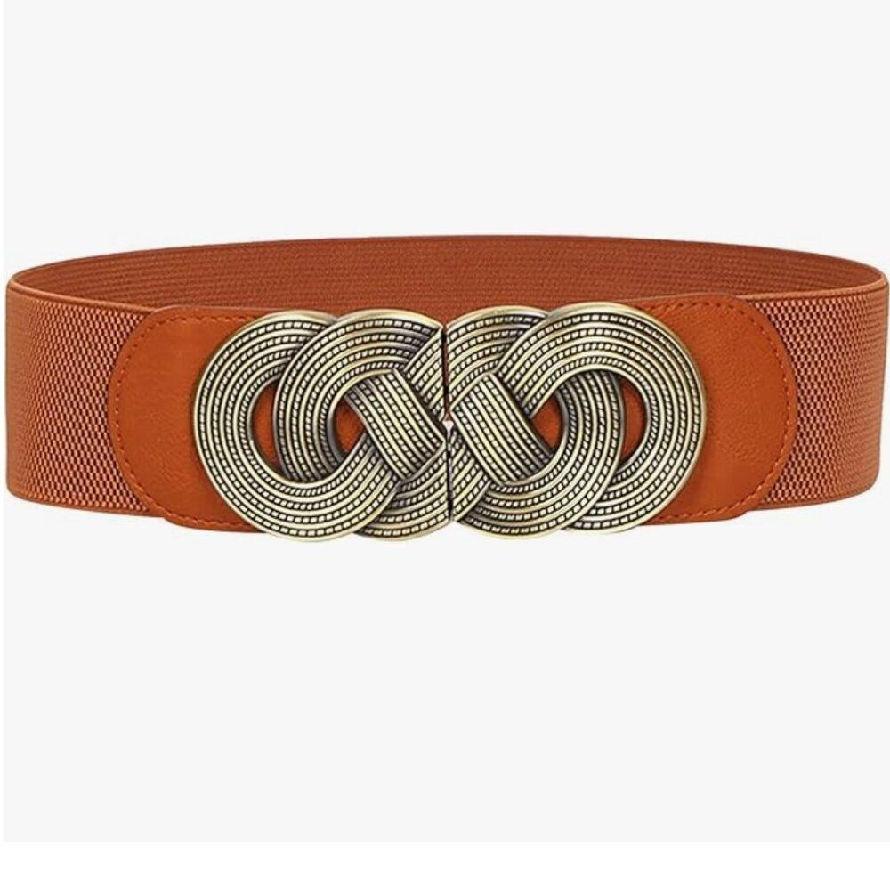 Brown Stretch Waist Belt with Ornate Bronze Detail
